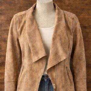 a.n.a Faux Suede Drape Open Front Jacket Tan Stretch Soft Size M
